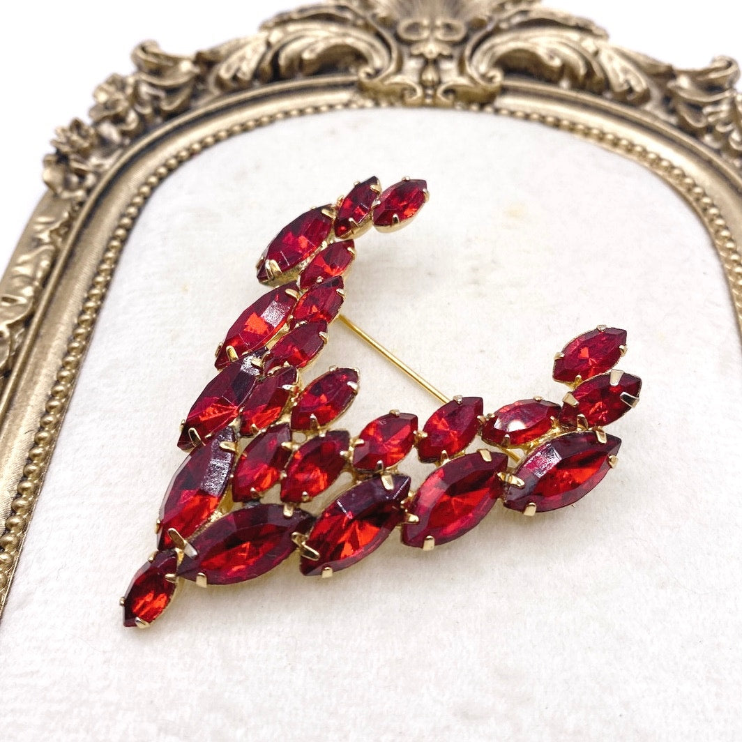 Red Rhinestones Vintage  Brooch V Shape 2.5”