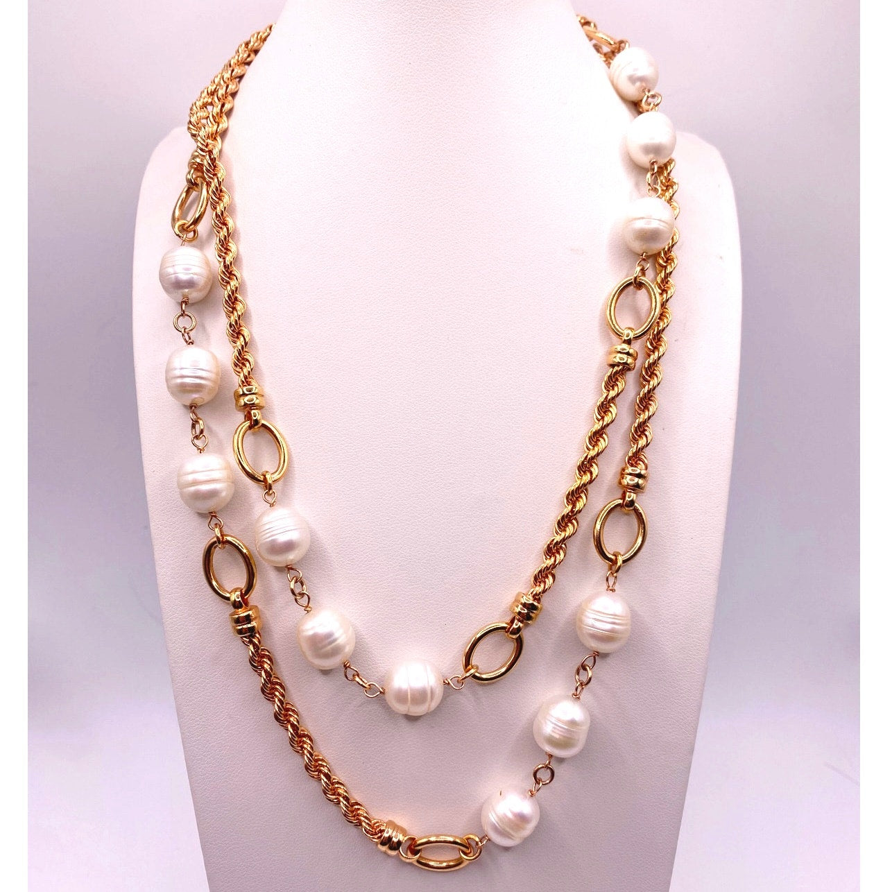 Bronce Italy Necklace Gold Tone with Baroque Pearls Extra Large 34 inches