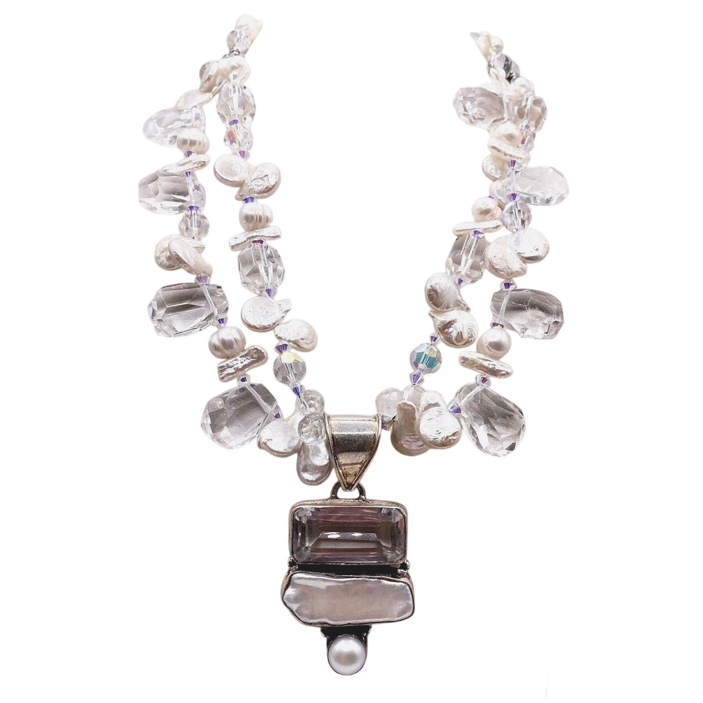 Saki Sterling Silver Necklace With Mother of Pearl and Faceted Quartz Stones 16”