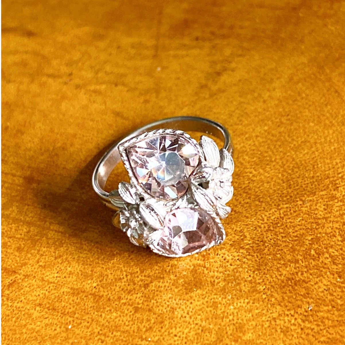 Sarah Coventry Vintage Pink Sweetheart Rhinestones Adjustable Ring 7”