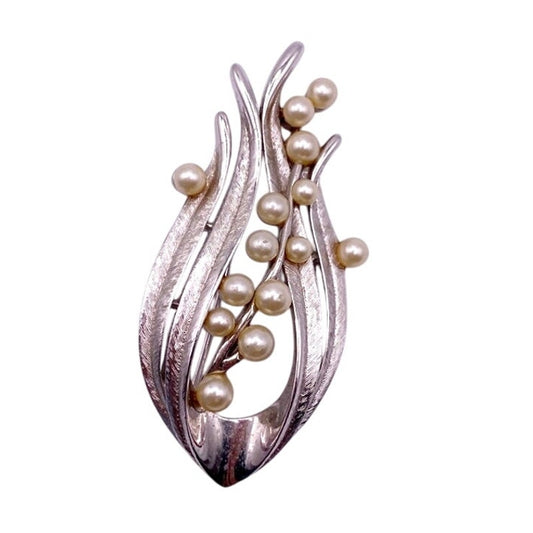 Crown Trifari Silver Tone Brooch Faux Pearls