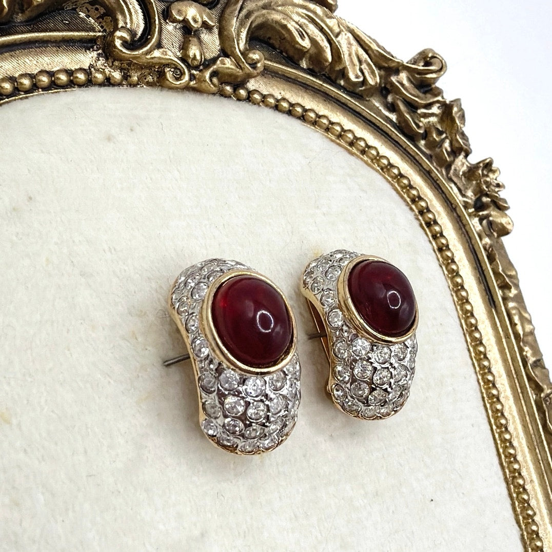 Les Bernard Vintage Clip On Earrings Red Glass Cabochon and Rhinestones 1”