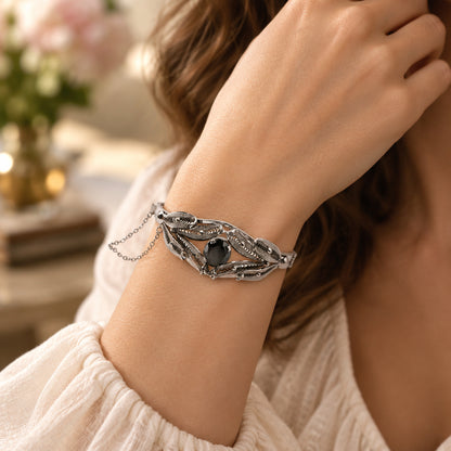 Sorrento Sterling Silver Hematite Filigree Hinged Bangle Bracelet 7”