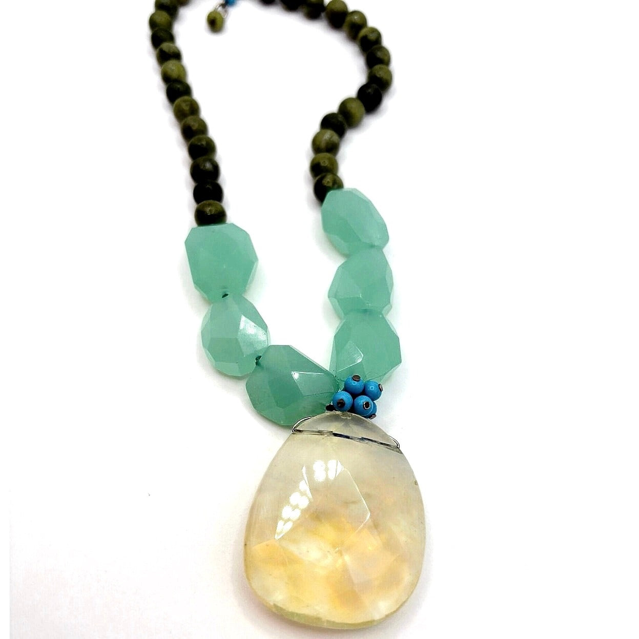 Vintage Handmade Gemstones Necklace Chalcedony  Agate and Opaline Pendant 16”
