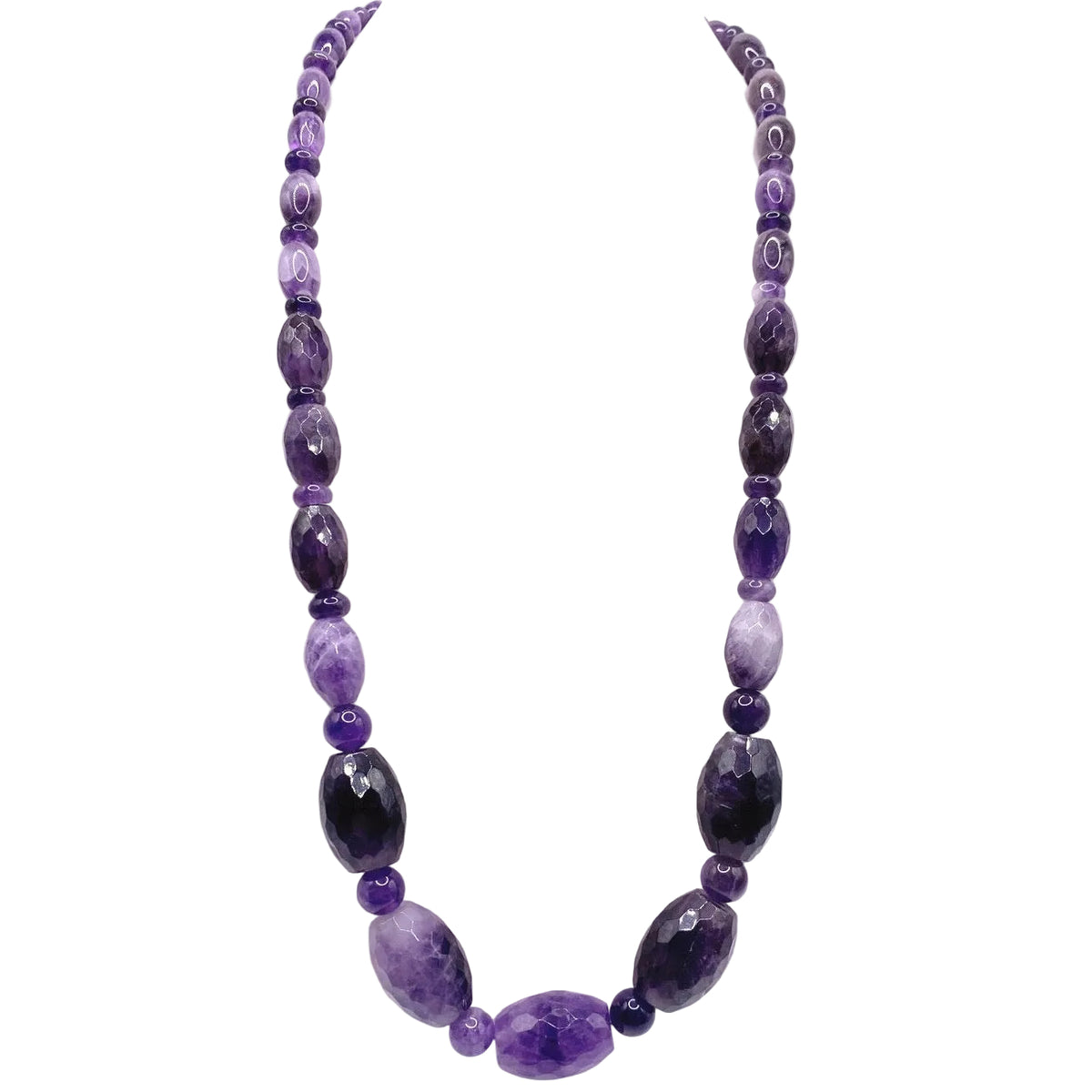 Desert Rose Trading Signed Faceted Amethyst Barrel Beads Necklace and Sterling Silver