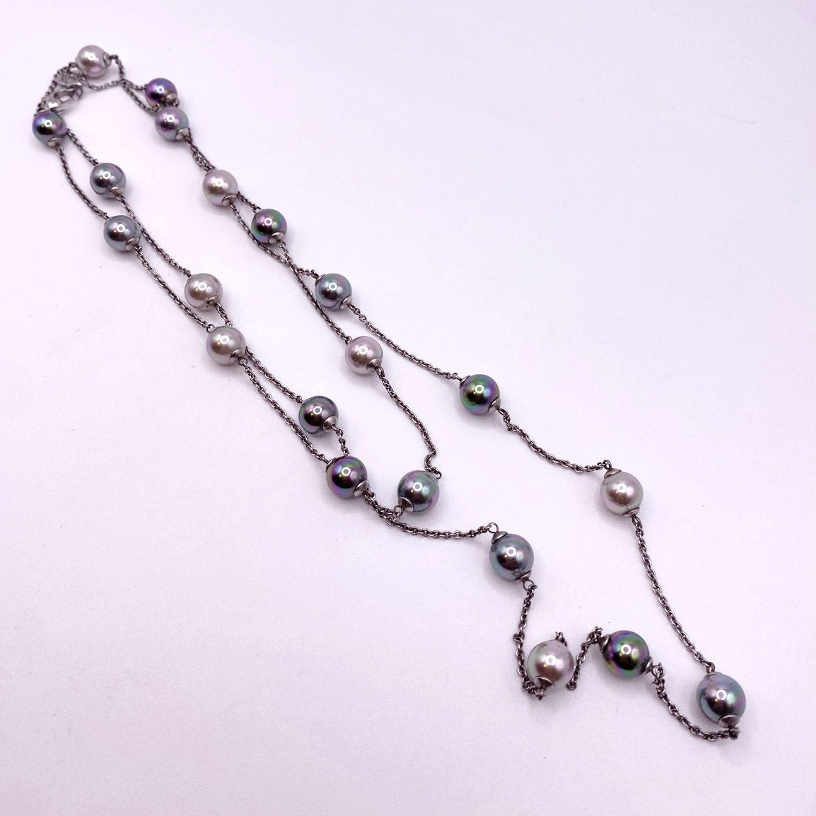 Majorica Necklace Sterling Silver-Colorful High Quality Faux Glass Pearls 34”