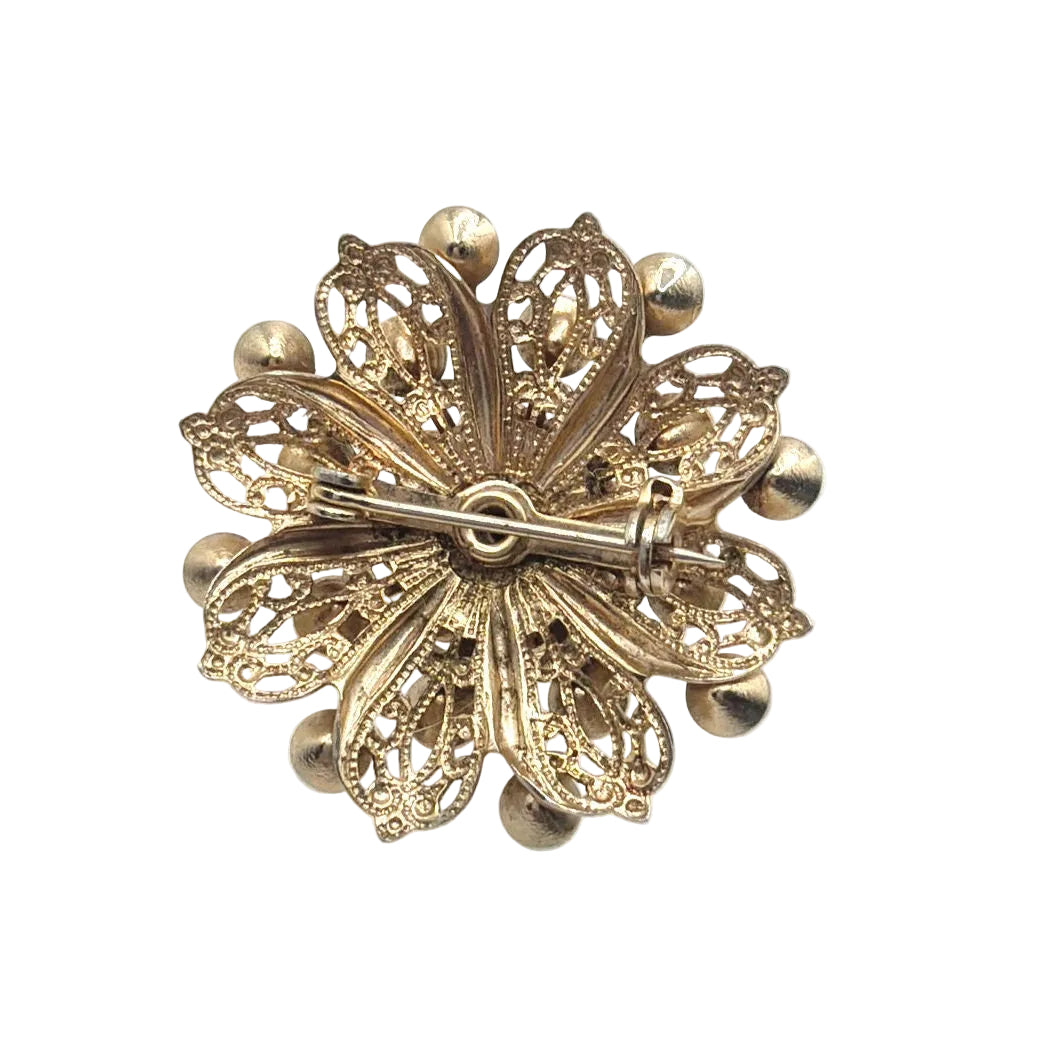 Vintage Filigree Blue Rhinestones Flower Brooch 1”