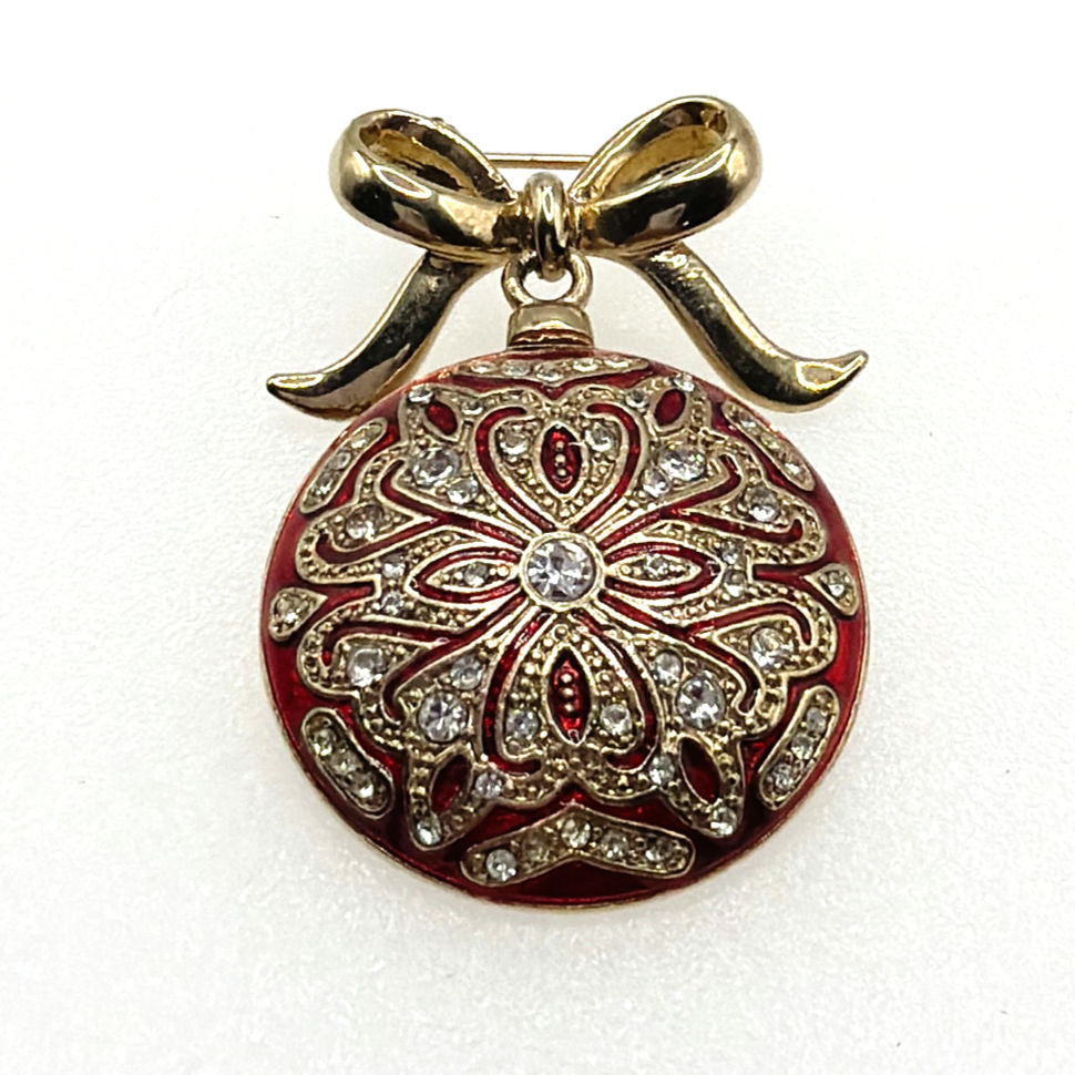 Monet vintage Pin Brooch Red Enamel and Rhinestones With Bow