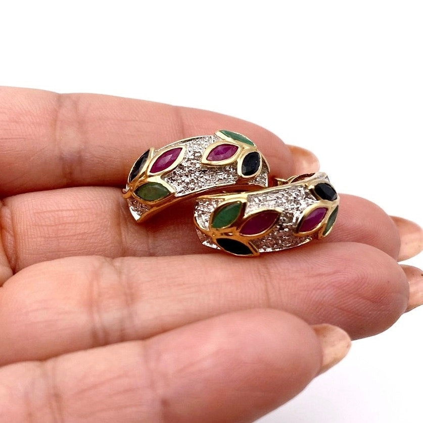 Gold Vermeil Sterling Silver and Gems  Ruby Emerald Sapphire Half Hoop Studs