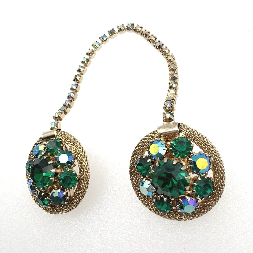 Vintage Green and Blue Rhinestones Sweater Clip 7” Chain