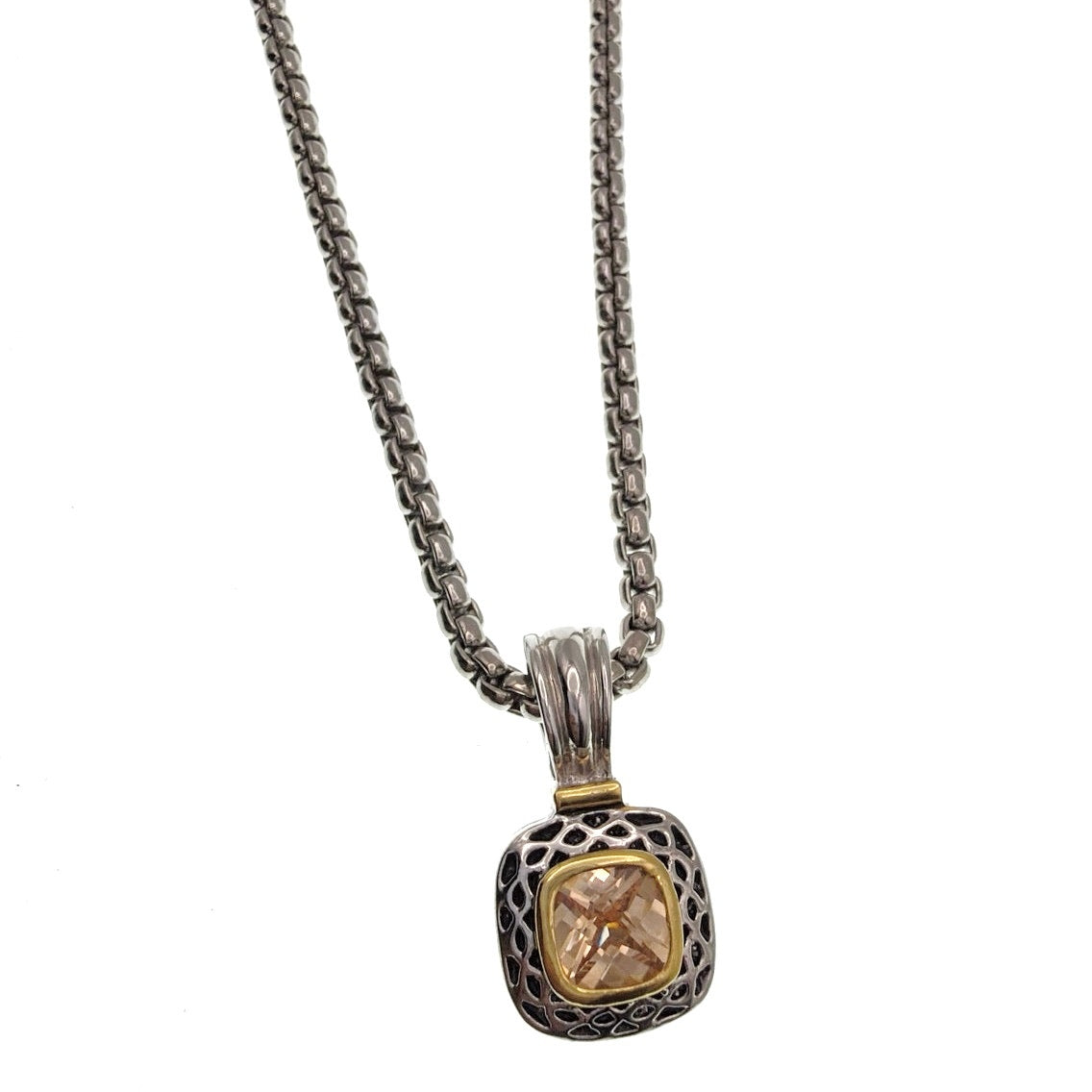 Vintage Silver Tone Retro Style Necklace With Topaz Tone Cubic Zirconia 18”