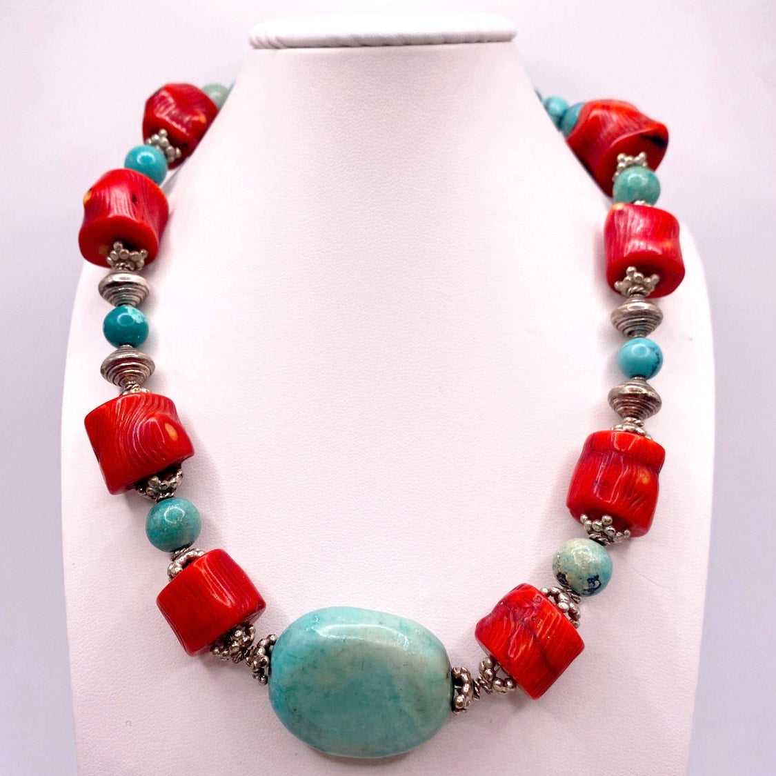 Sterling Silver Turquoise and Red Coral Choker Necklace 15”