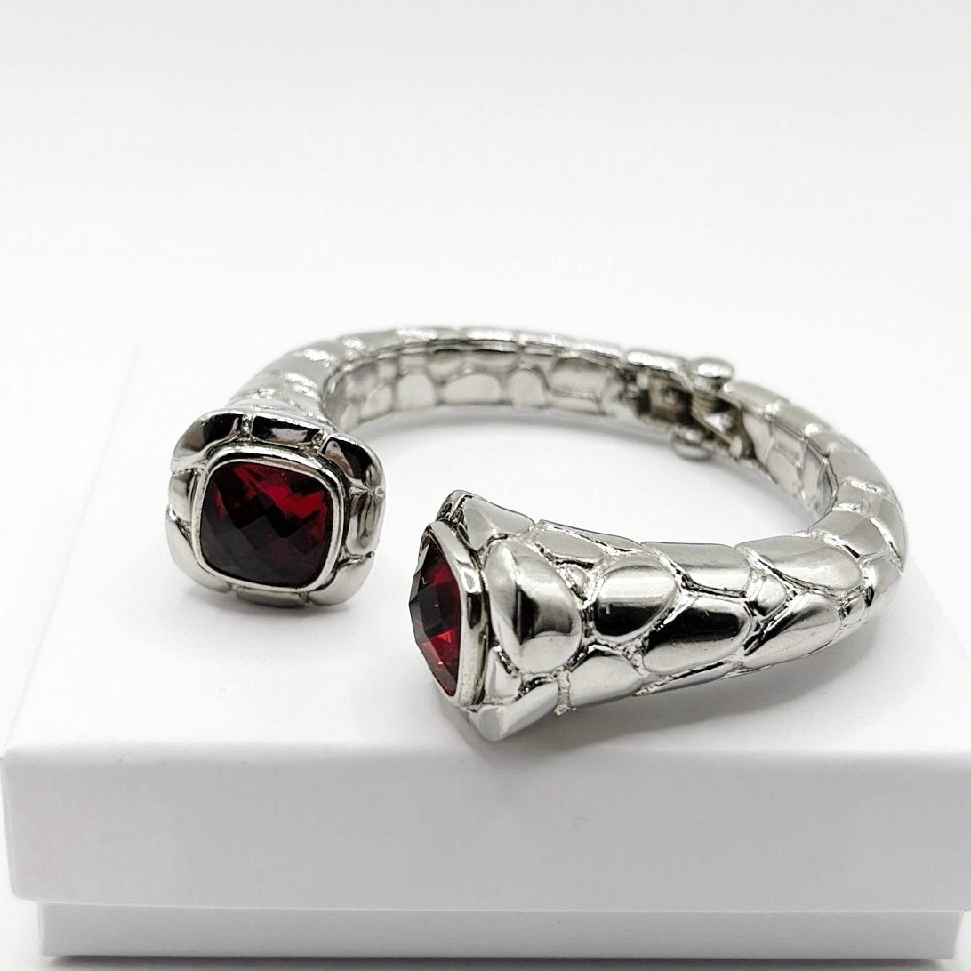 Vintage Silver Tone and Red Glass Rhinestones Open Cuff Bracelet Size 7
