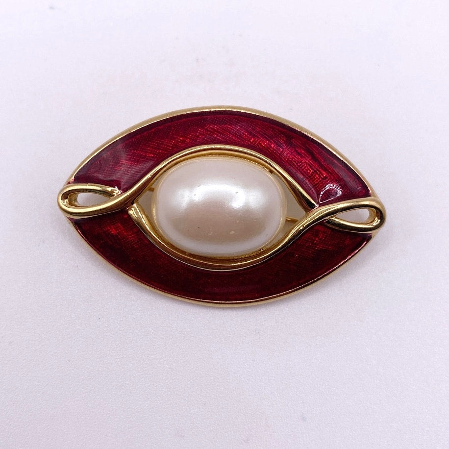 Monet Brooch Red Enamel with Faux Pearl