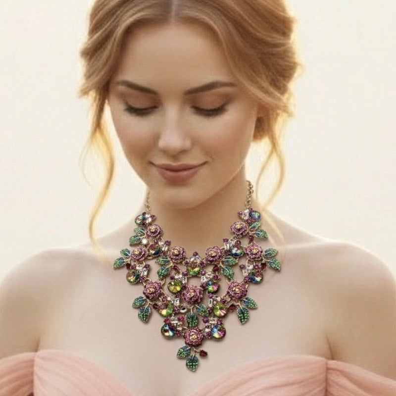 Betsey Johnson Signed Watermelon Tones Floral Statement Necklace