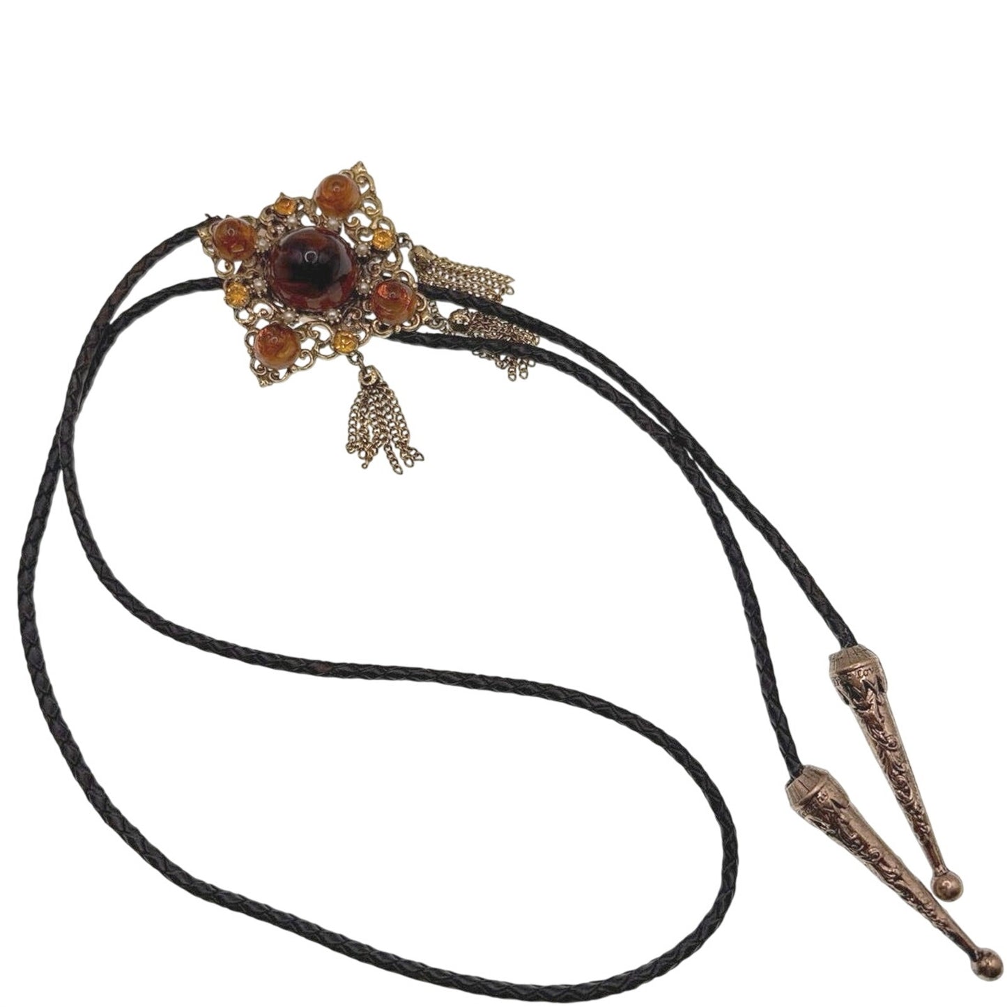 Vintage Bolo Tie Necklace Brown Molded Glass cabochon