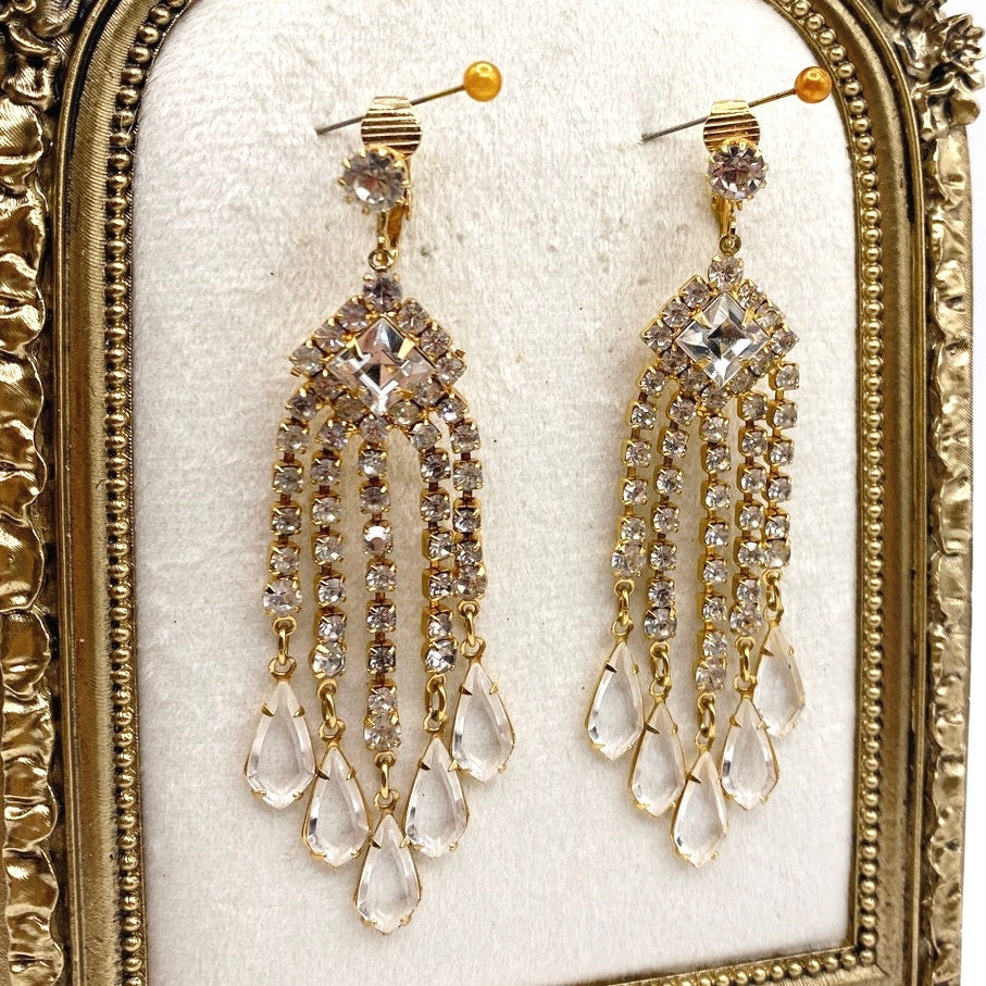 Vintage Glass and Rhinestones Chandelier Clip On Earrings 3"