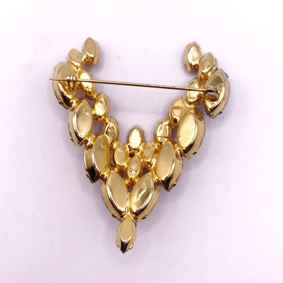 Red Rhinestones Vintage  Brooch V Shape 2.5”