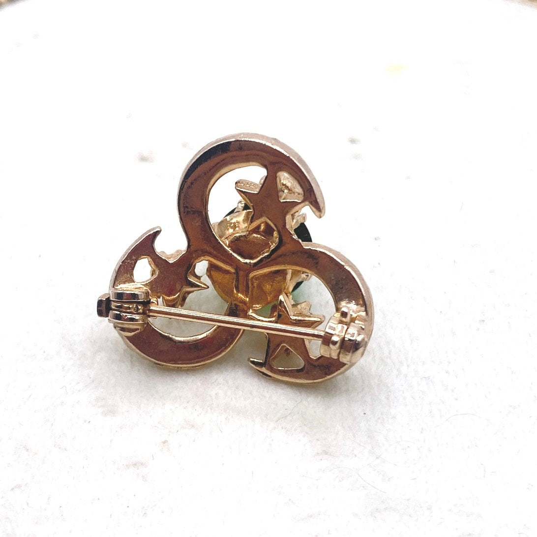 Vintage Green Glass Cabochon Pin Gold Tone and Rhinestones 2cm Long