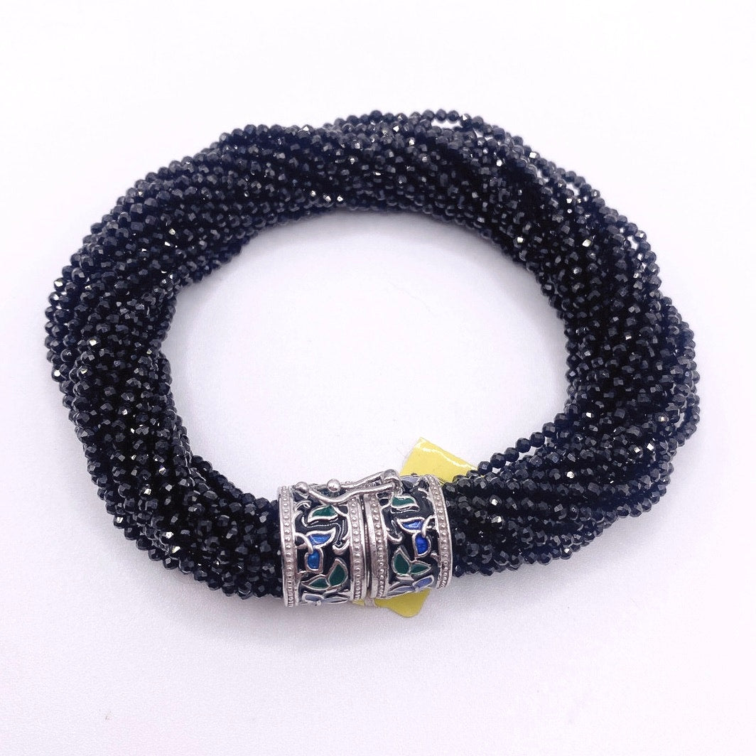 Black Onyx Seed Beads Spinel Necklace and Bracelet Set Sterling Silver Closure