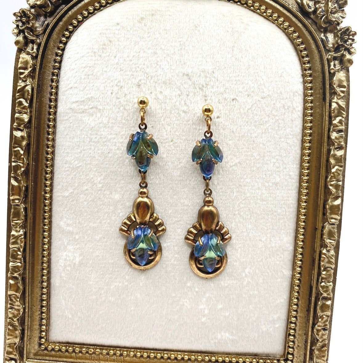 Vintage Dangling Brass Filigree Earrings Blue Green Mermaid Glass Stones