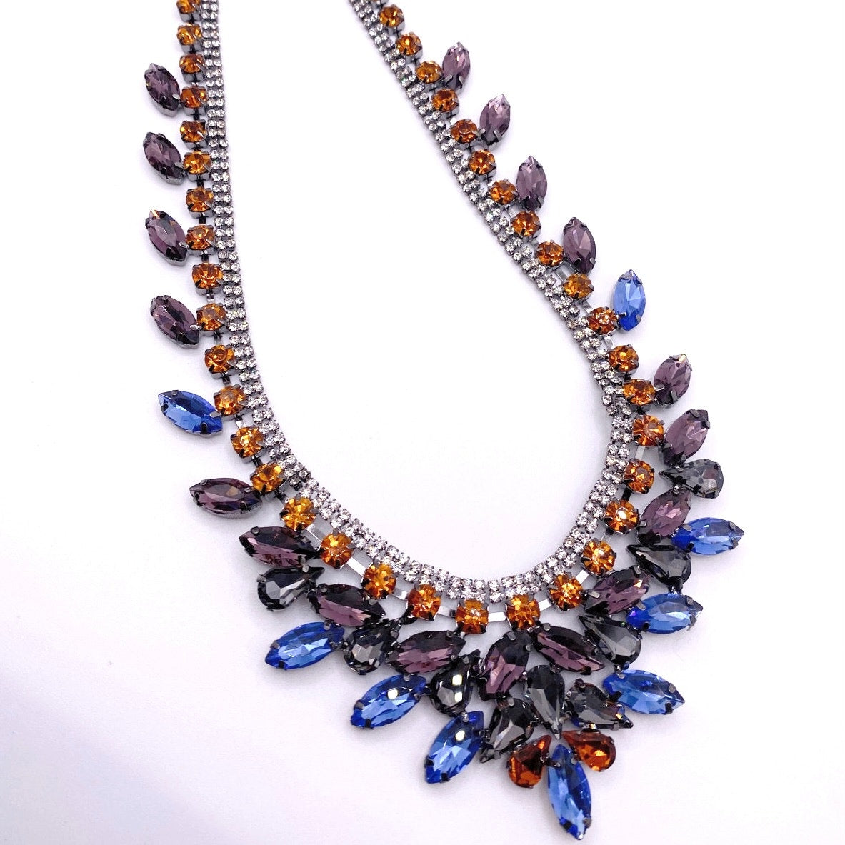 Full Rhinestones Statement Necklace Gunmetal Tone and Blue Orange Purple 18”