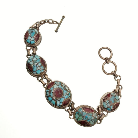 Coral and Turquoise Inlay and Metal Vintage Tribal Bracelet 8”-9”