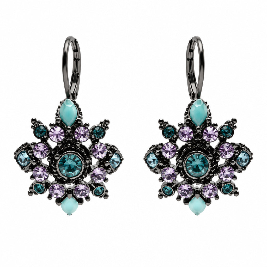 Joan Rivers Gun Metal and Rhinestones Flower Earrings Lever-back