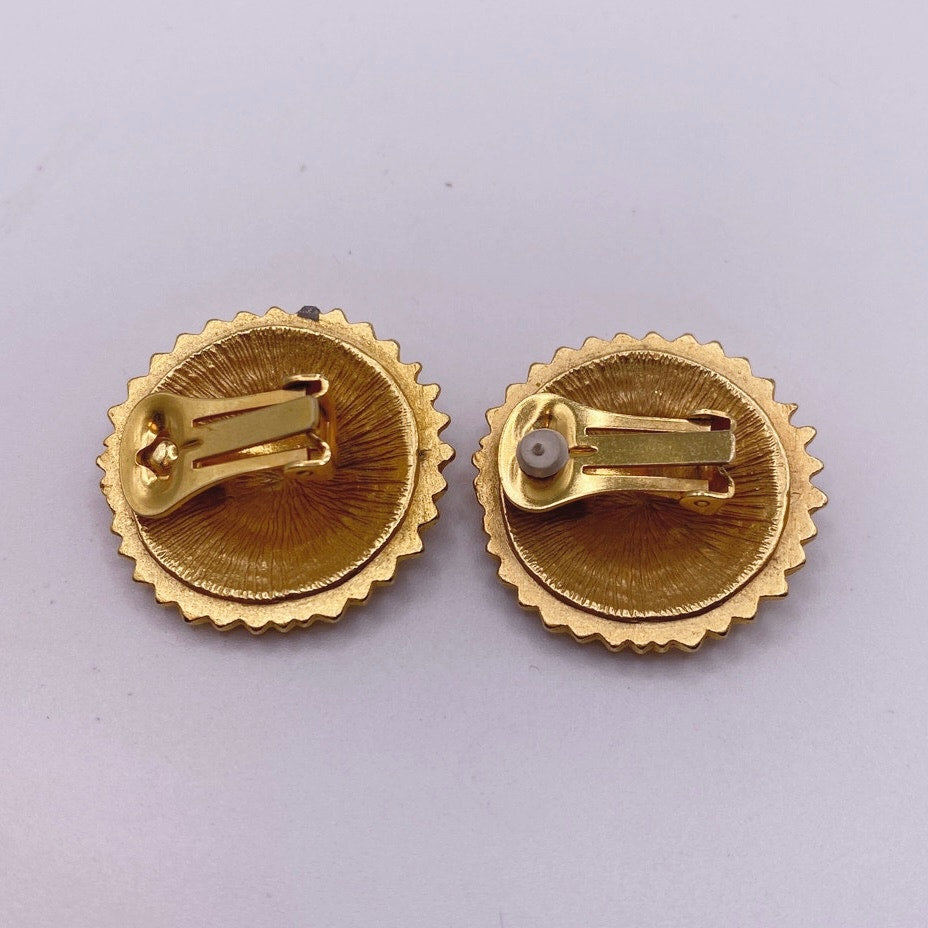 Vintage Clip On Earrings Sun Face 80s Style Gold Brushed Tone