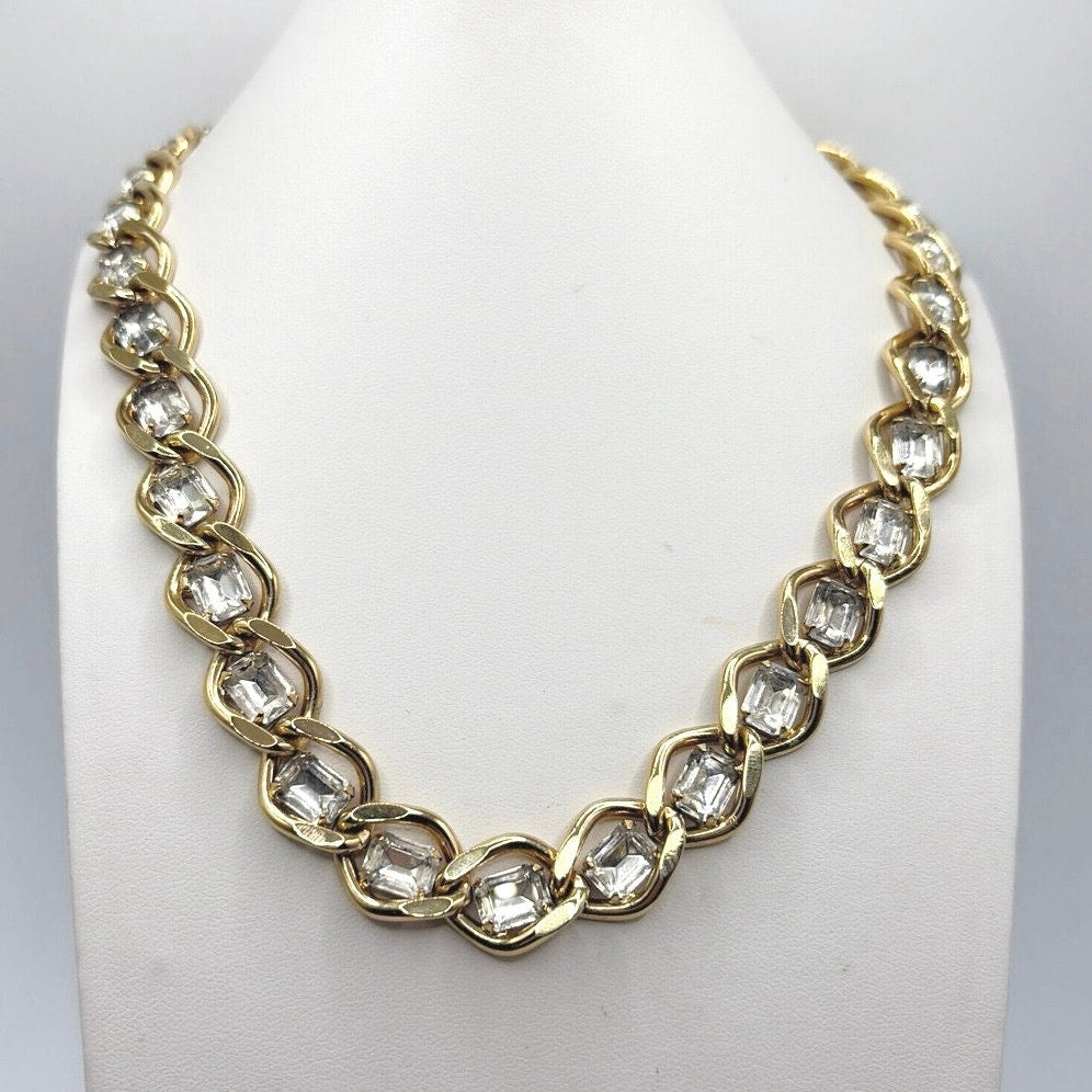 Givenchy Vintage Gold Tone and White Rhinestones Collar Necklace 16"