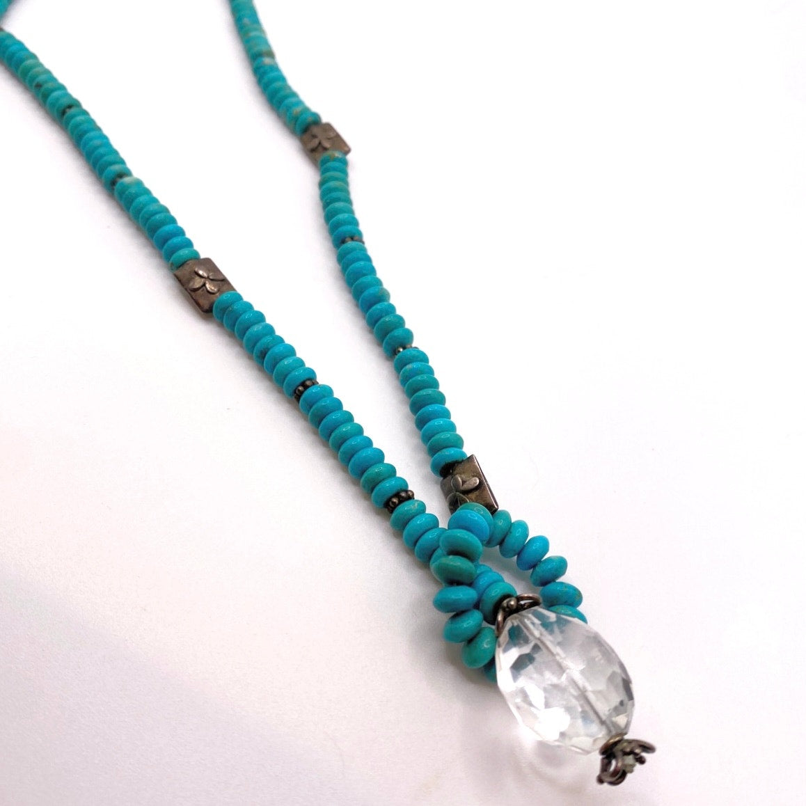 Vntg Turquoise and Sterling Silver Necklace 17” with Faceted Quartz Bead Pendant
