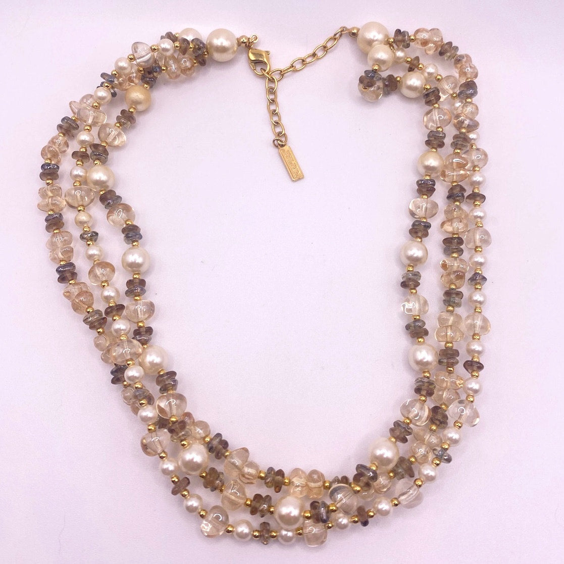 Napier Signed Three Strands Necklace Faux Pearls and Quartz Beads