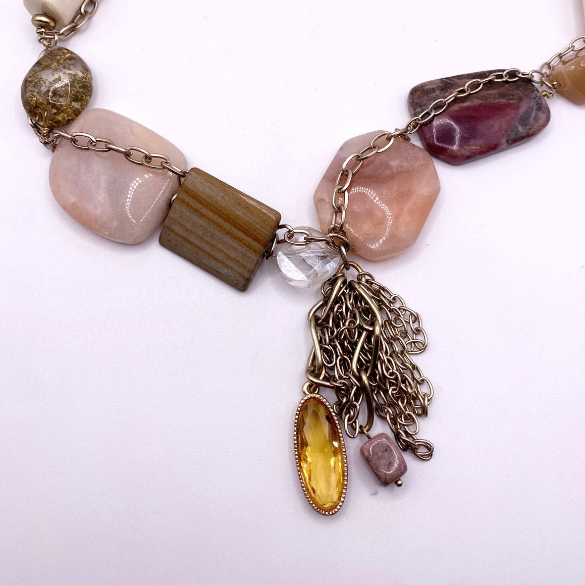 Vintage Multi Gemstones Chunky Necklace: Quartz Amber Tagua Nut and Uranium Glass Pendant 24”