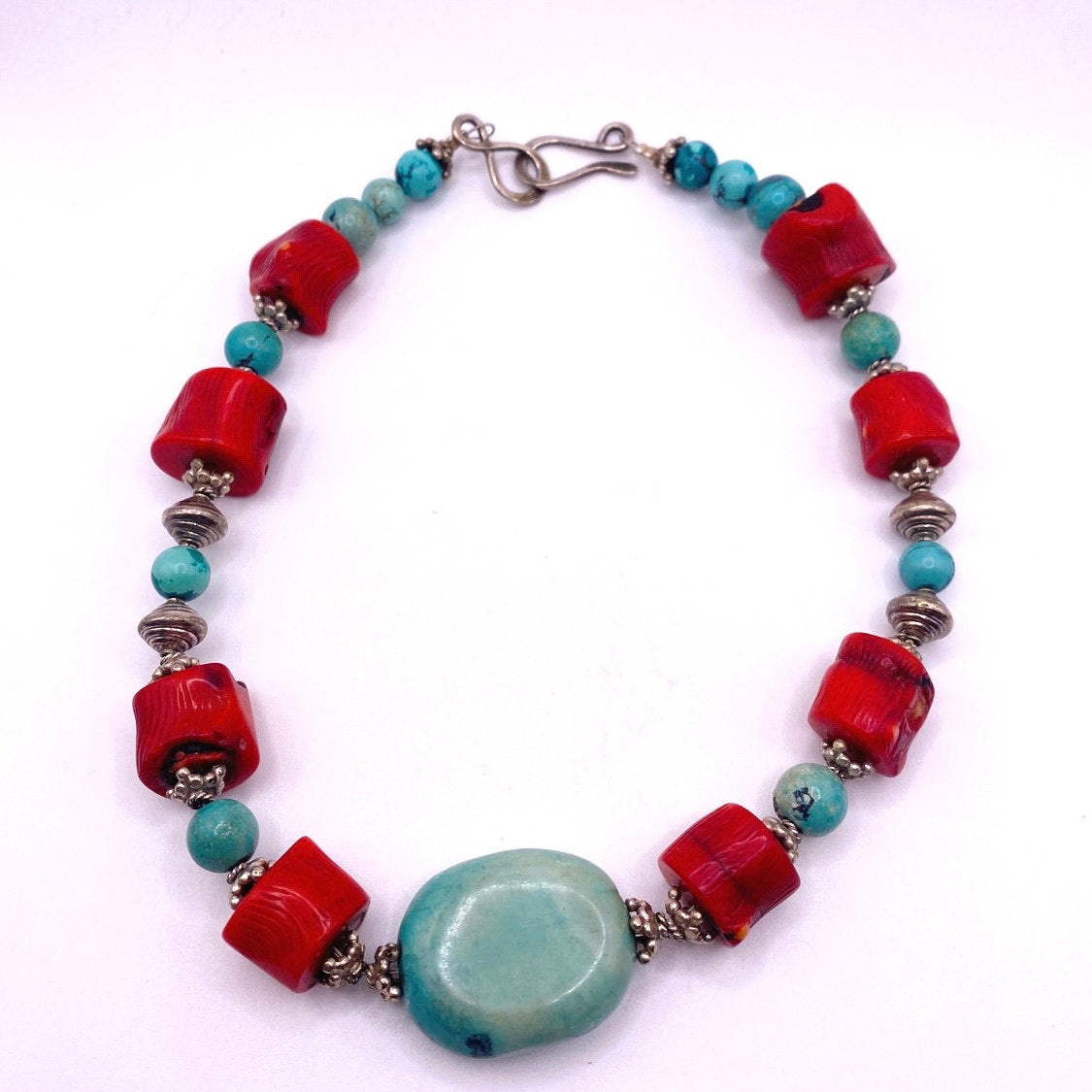 Sterling Silver Turquoise and Red Coral Choker Necklace 15”