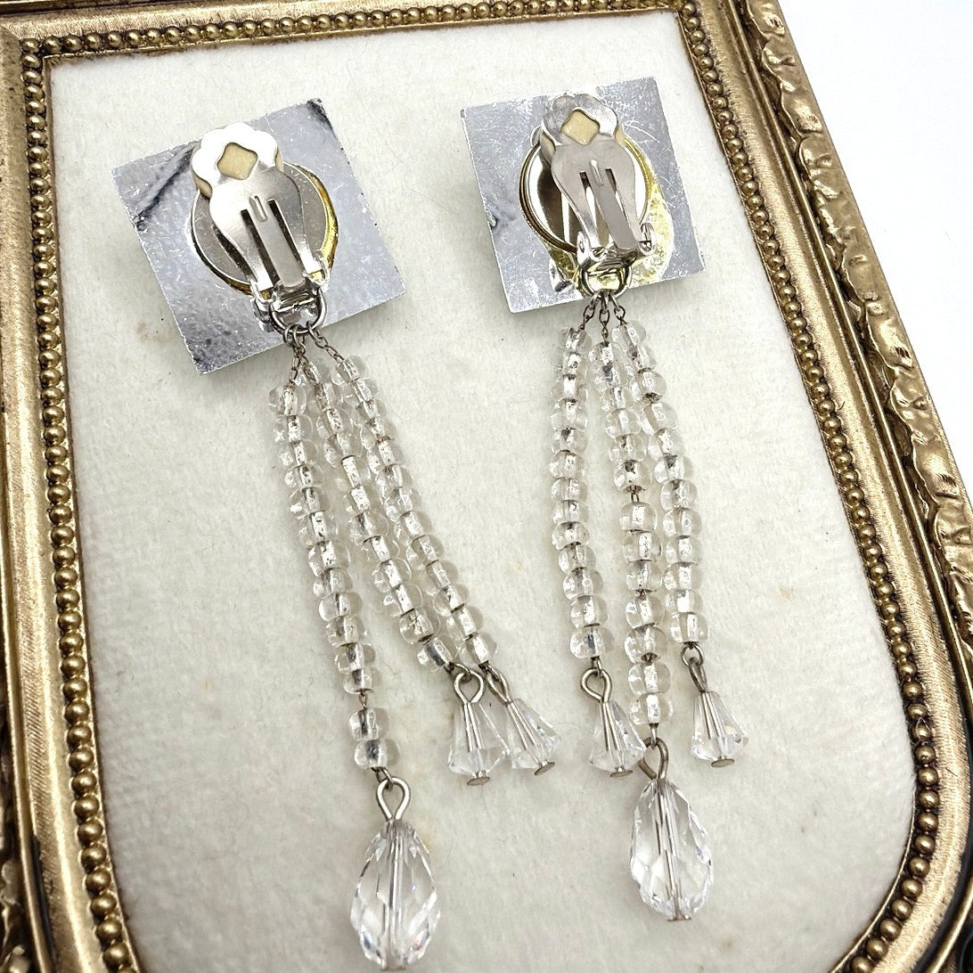 Vintage Square Crystal Rhinestones 4” Dangling Clip On Statement Earrings