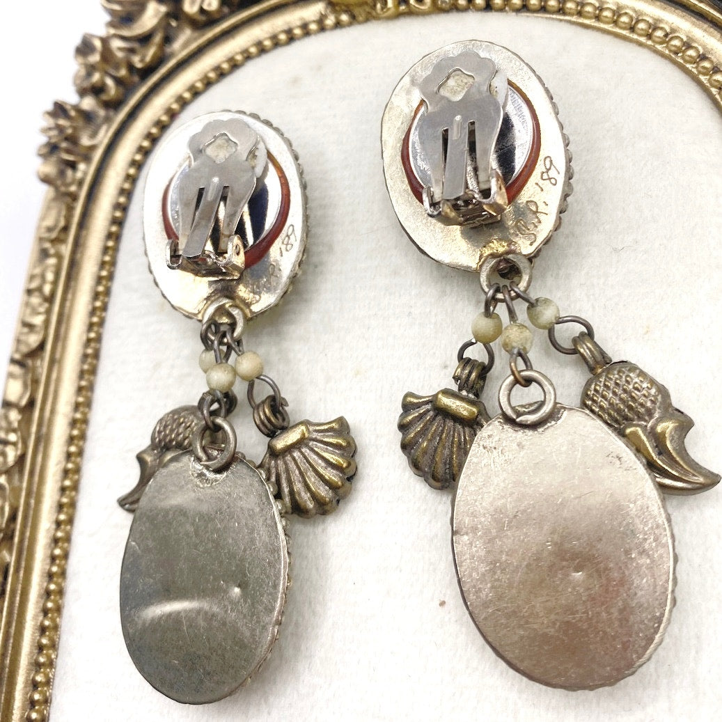Vintage Dangling Brass Filigree Clip on Earrings and Bone Carved Cabochons 2"