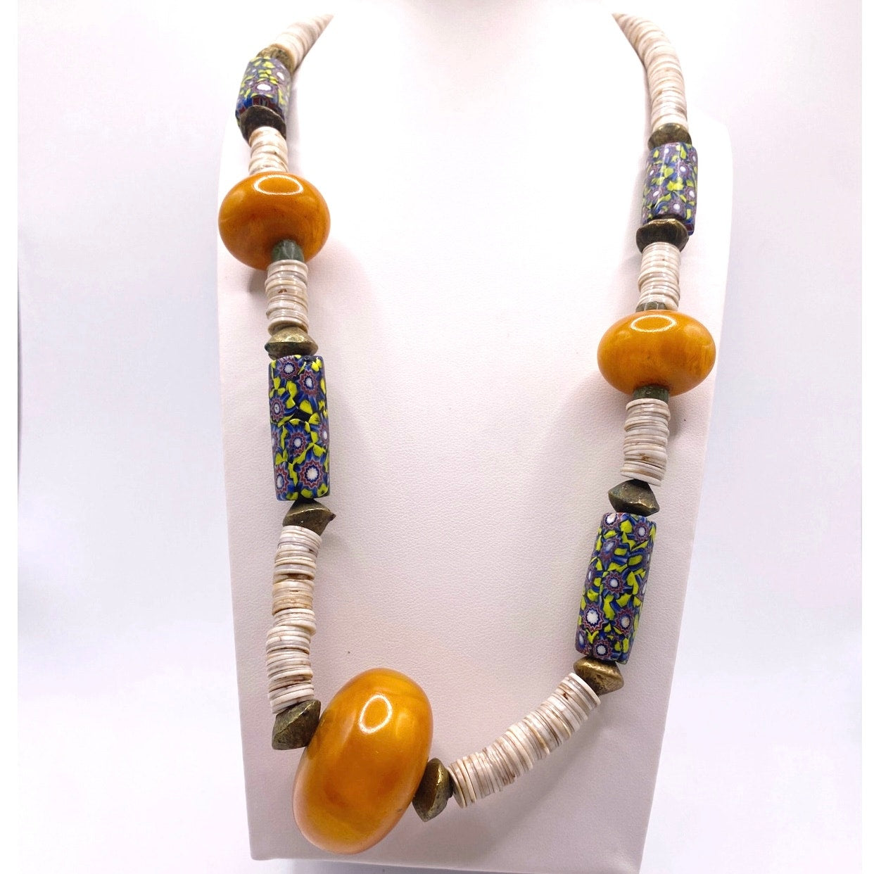 Vtg Necklace Butterscotch Amber Beads and Italian Milllefiori Beads 40” long