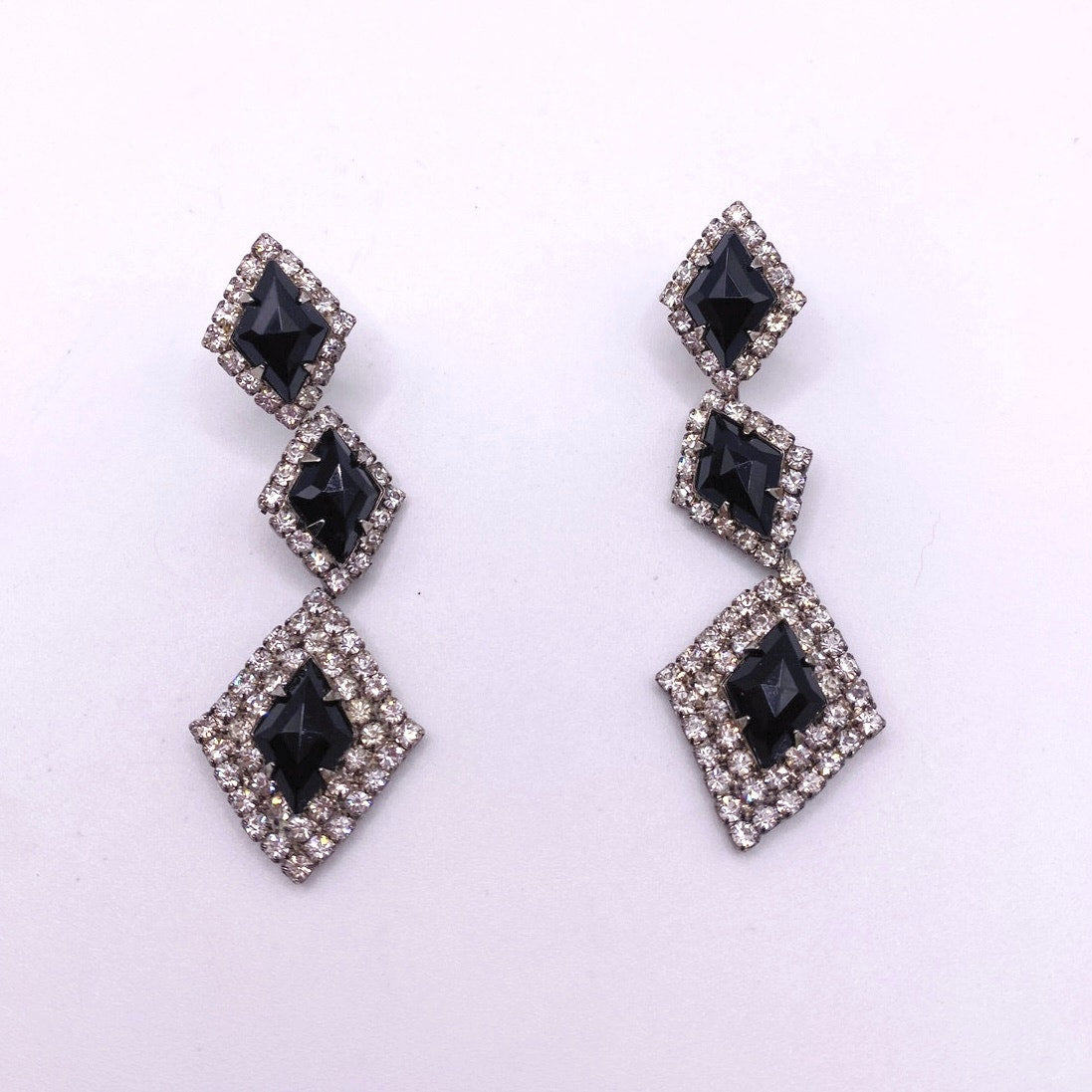Vintage Black and White Rhinestones Clip on Earrings and Necklace