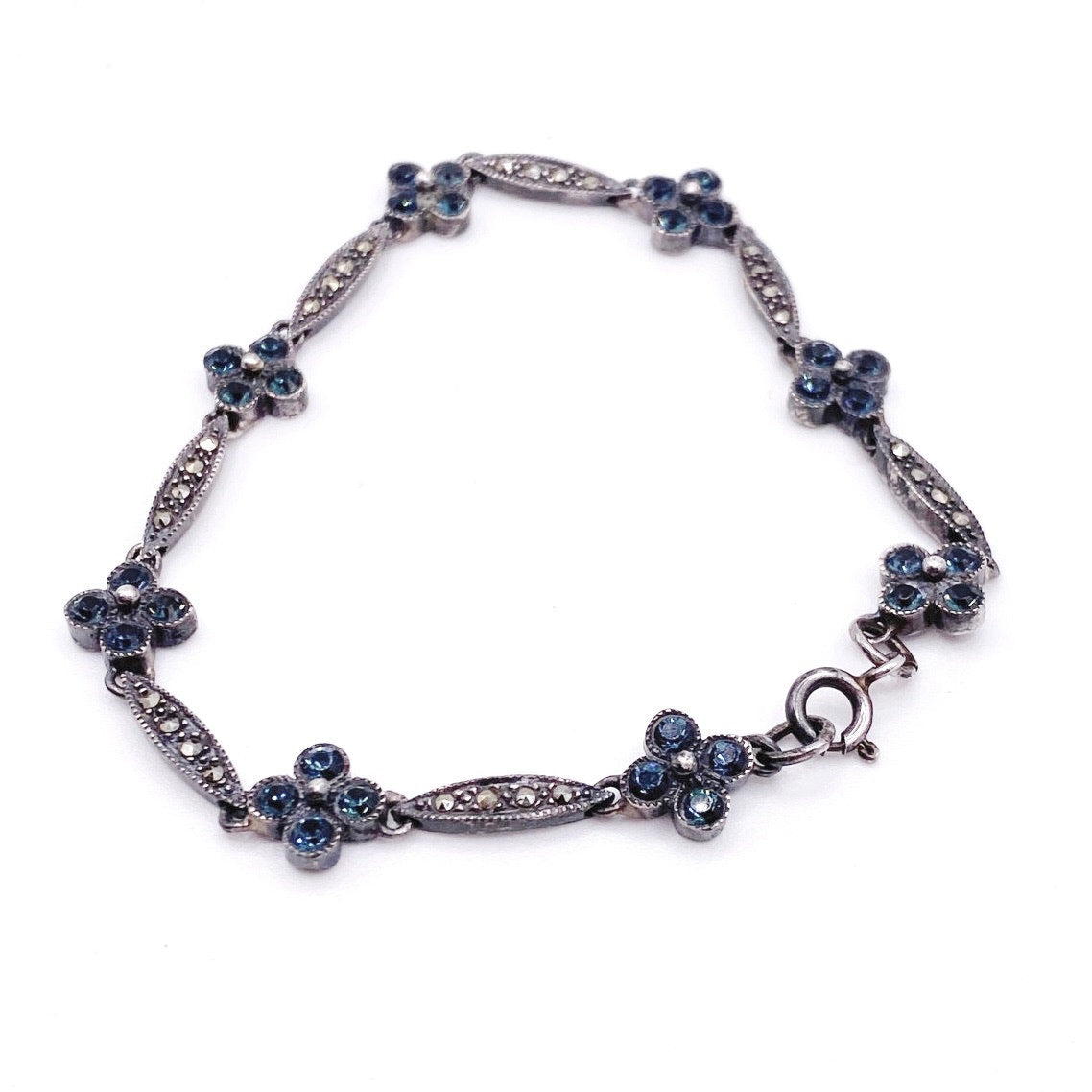 Vntg Sterling Silver With Blue Crystal and Marcasite Flowers Bracelet 7"