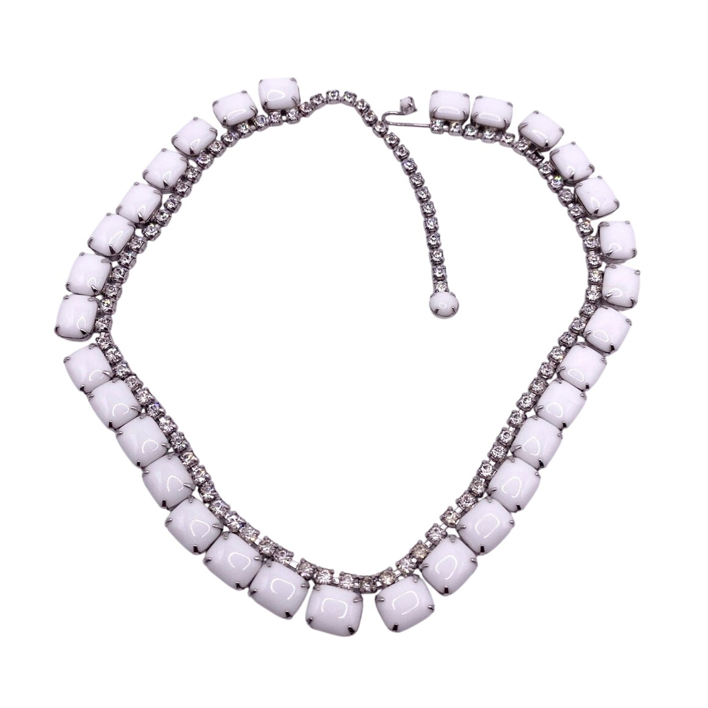Delicate Vintage Milk Glass and Rhinestones Necklace 16”