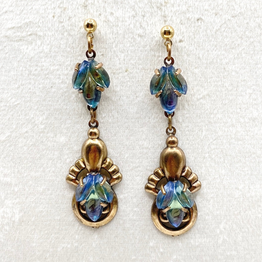 Vintage Dangling Brass Filigree Earrings Blue Green Mermaid Glass Stones