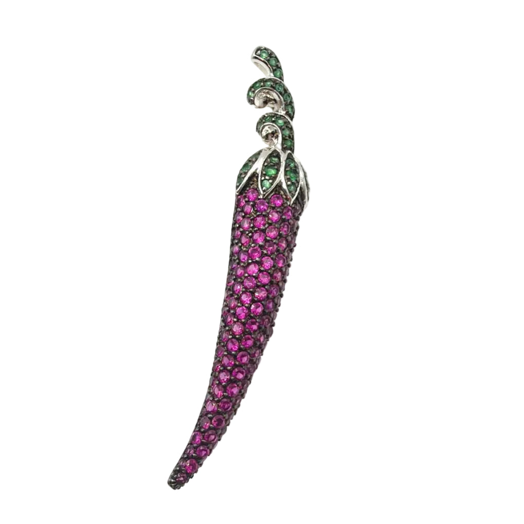 Sterling Silver And Rubies Chili Pepper Brooch