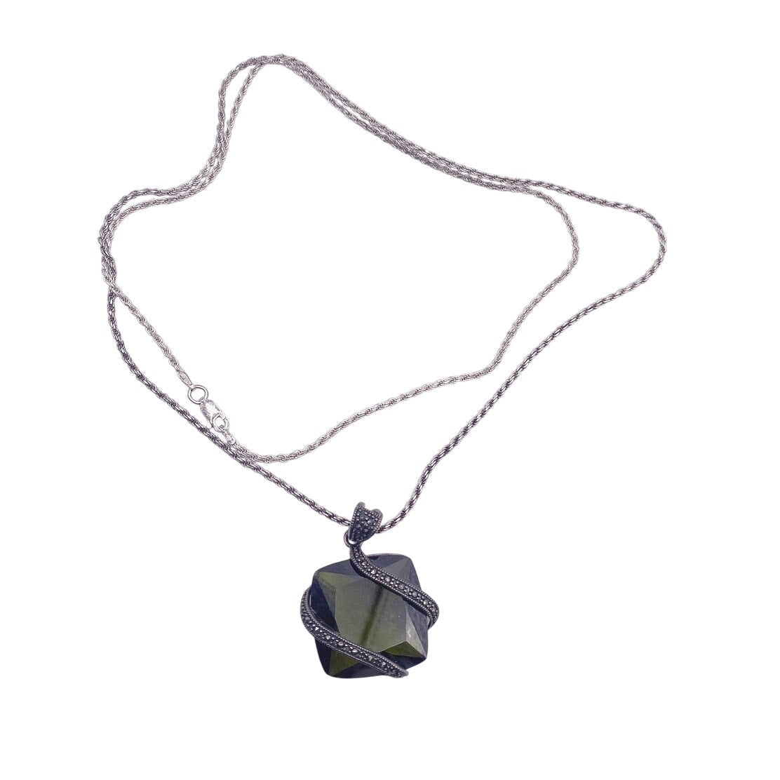 Sterling Silver Long Necklace 28” Simulated Green Tourmaline Stone and Marcasites