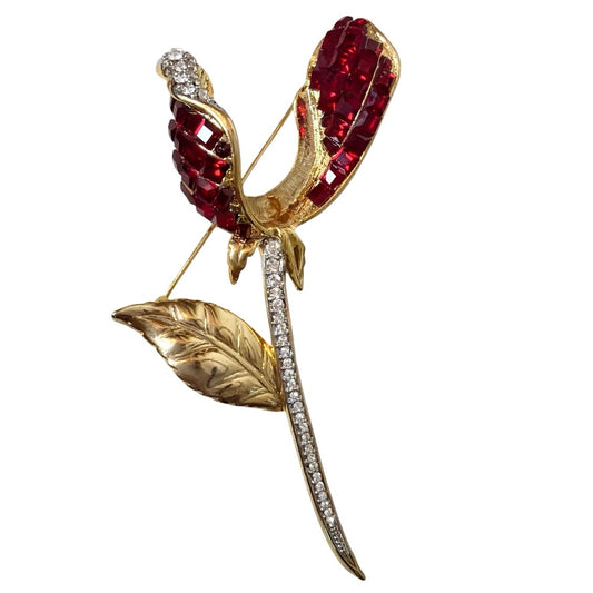 Vintage Flower Square Red Rhinestones Gold Tone 3.5”