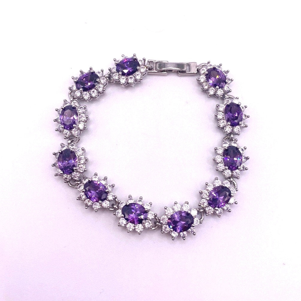 High Quality Rhodium and Silver Plated Bracelet and Studs Earrings-Lab Amethyst