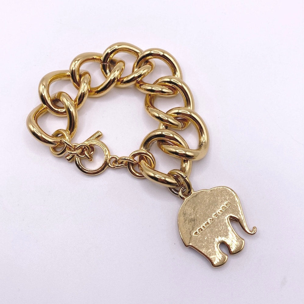 Trina Turk Vintage Chunky Links Bracelet Gold Tone Elephant Charm 8”