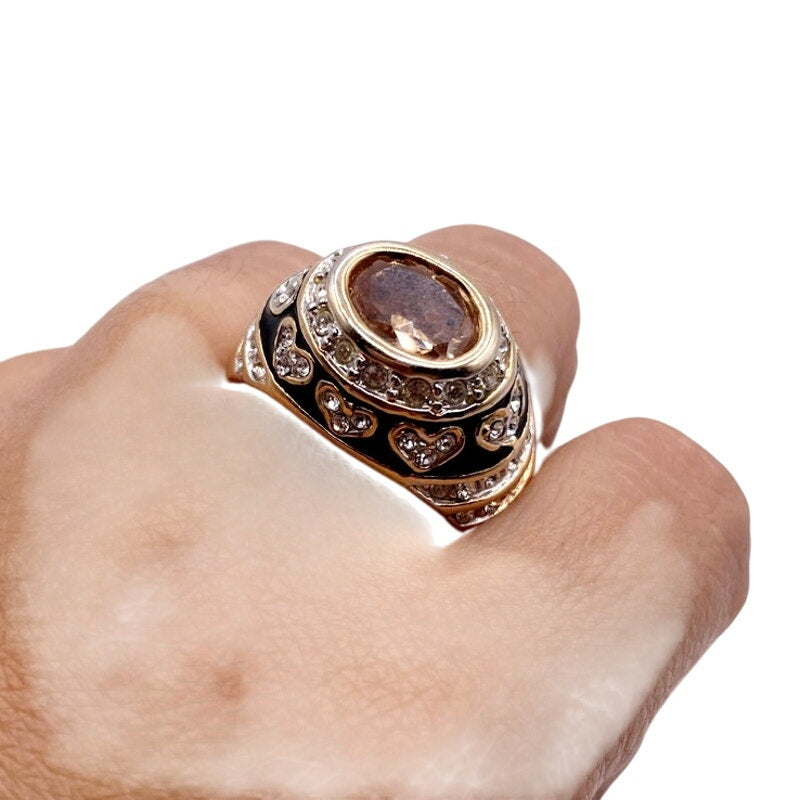 Vintage Gold Plated Enamel Ring with Cubic Zirconia Citrine