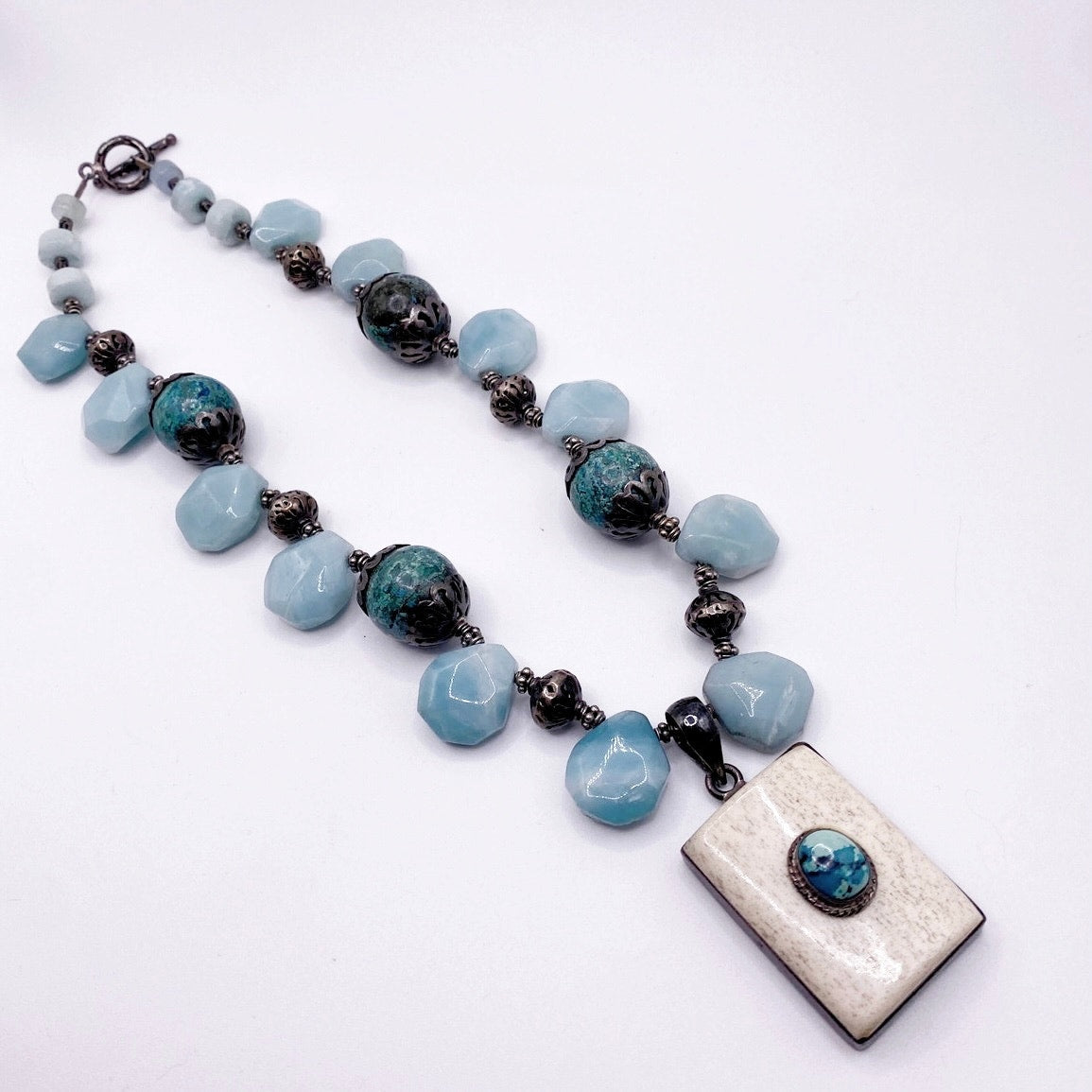 Sterling Silver and Gemstones Necklace, Amazonite, Turquoise and Bone Pendant