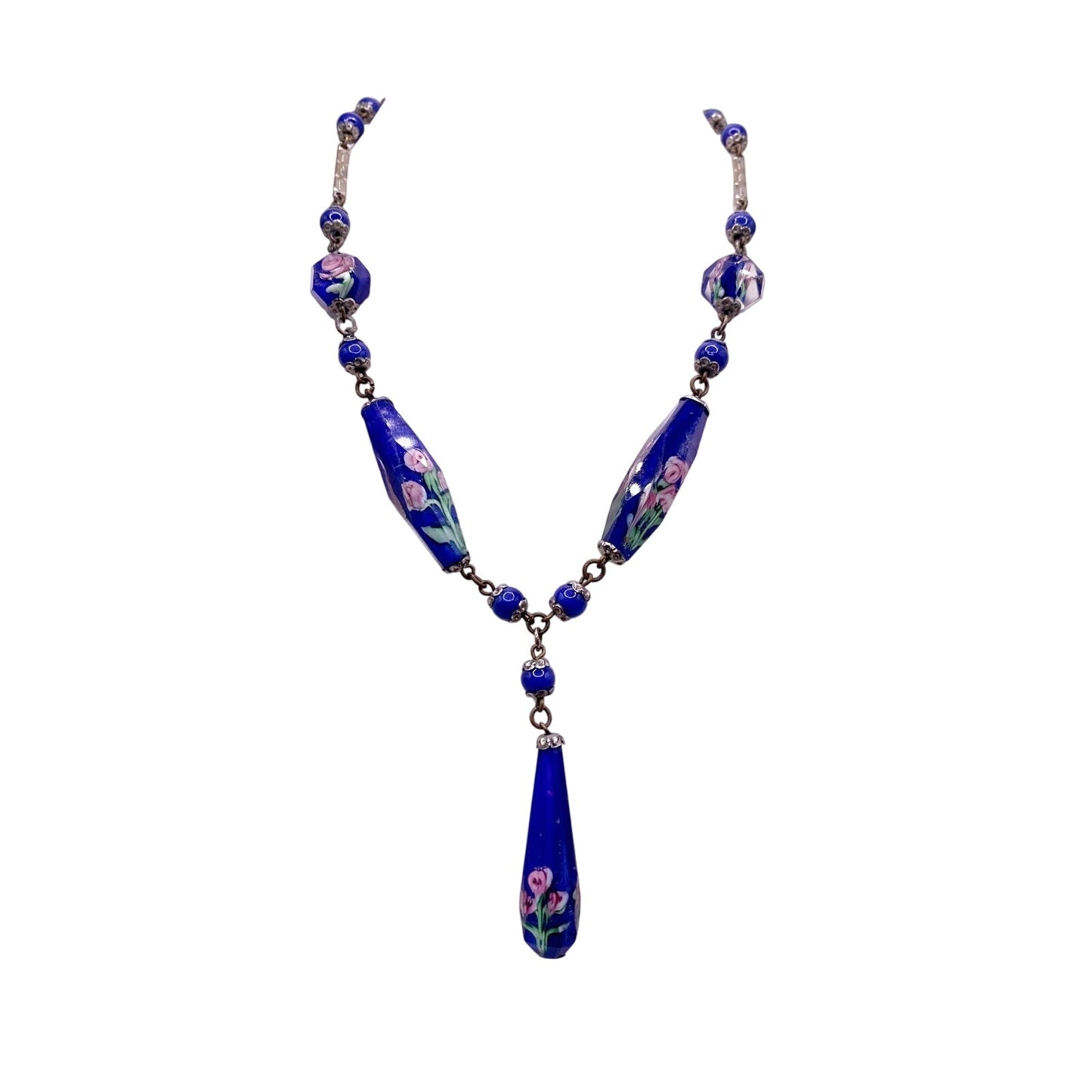Antique Cobalt Blue Czech Glass Beads Necklace Art Deco 14 inches long Neckline