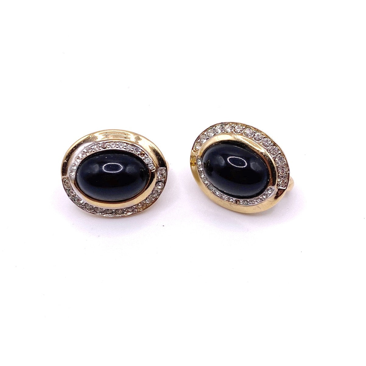 Nina Ricci Signed Gold Tone and Black Retro Suds Earrings with Rhinestones